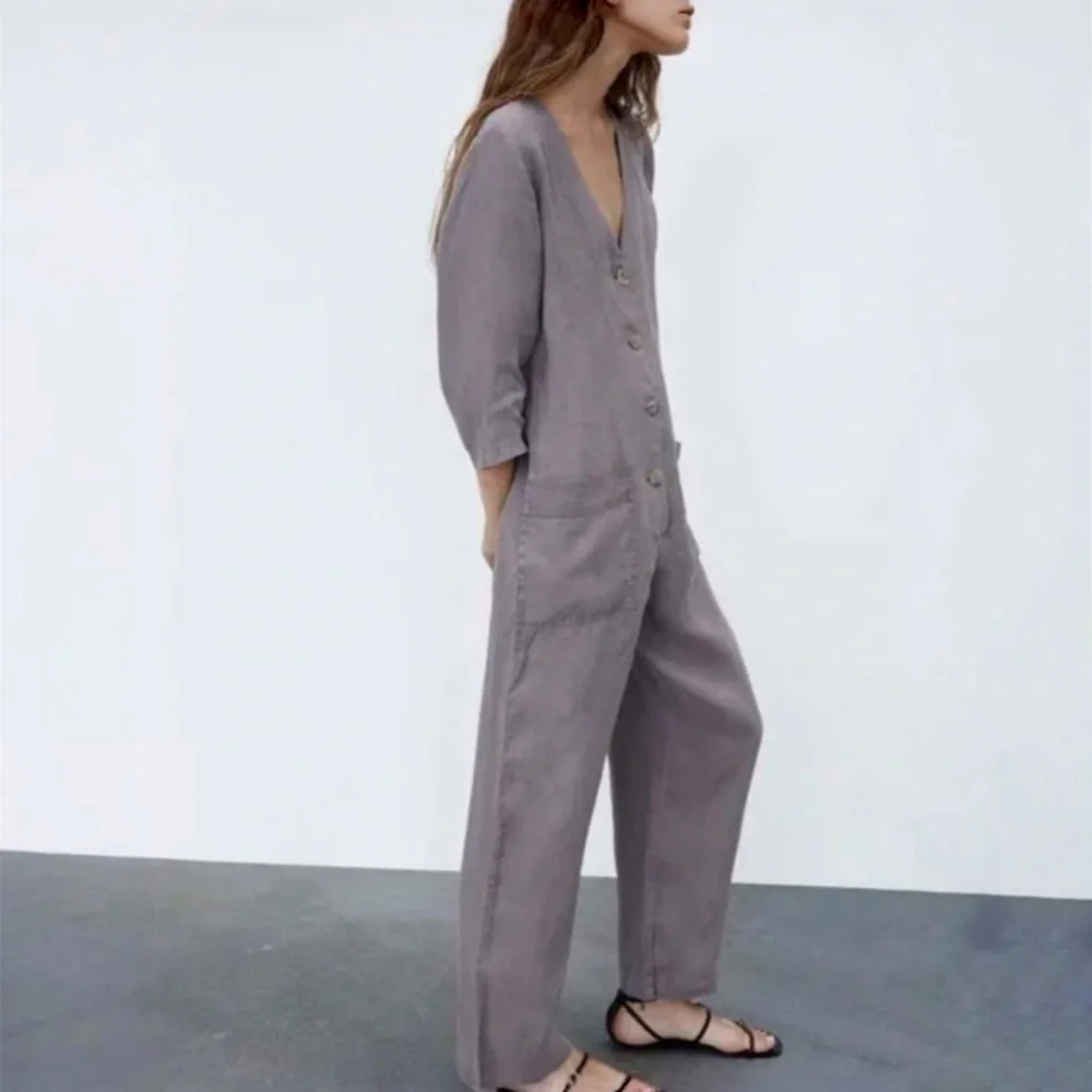 ZARA Lillian Gray Linen Jumpsuit Button-Down Linen Romper Women’s Size Medium